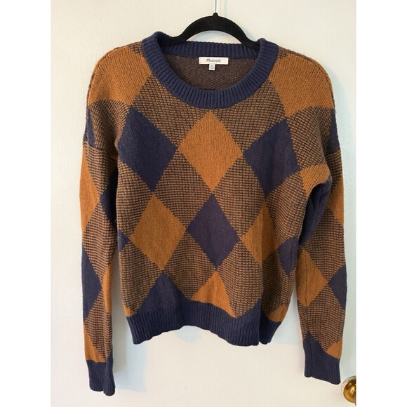 Madewell Women’s XS Sweater Crewneck Plaid Orange / Blue Wool Blend - Picture 1 of 7